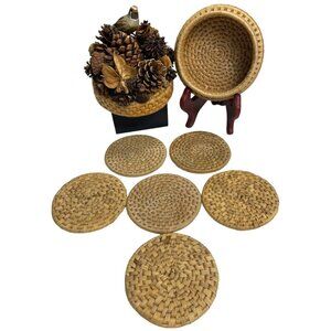 Vtg Set of 6 Wicker Rattan Fall Holiday Bird  Drink Coasters & Basket Holder Lid